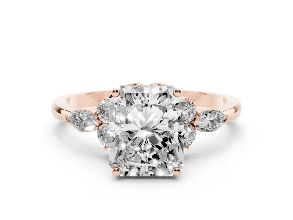 Radiant Cut Brilliant Diamond Solitaire Ring with Pear Side Stones and Four-Prong Setting Rose gold