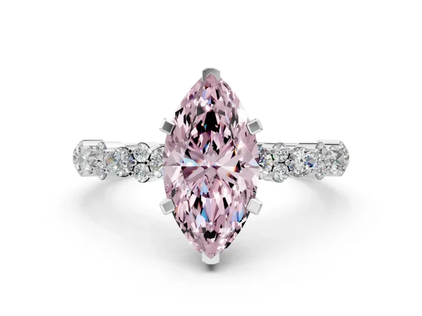 Fancy Pink Marquise Cut Diamond Side Stone Solitaire Ring with Round and Four-Prong Setting White gold