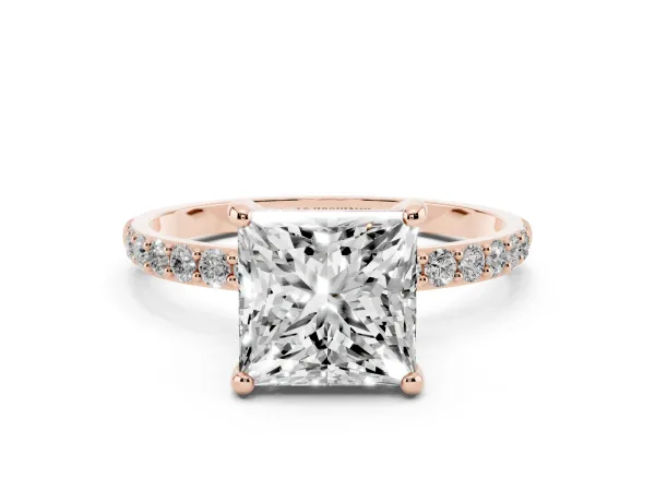 Princess Cut Diamond Solitaire Ring with Round Pavé Band and Prong Setting Rose gold