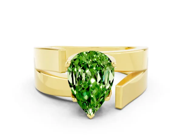 Modern Tension Set Pear Cut Peridot Solitaire Wide Band Ring Yellow gold
