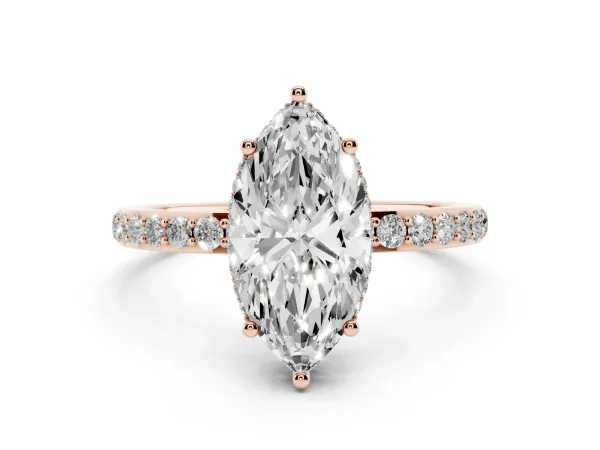 Marquise Cut Diamond Solitaire Ring with Pavé Band and Hidden Halo Rose gold