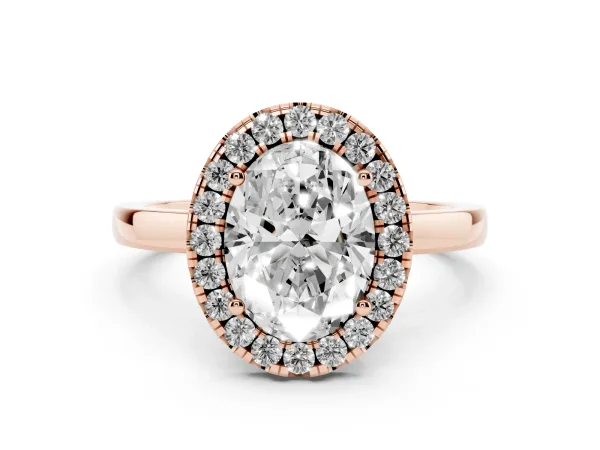 Oval Cut Halo Diamond Solitaire with Pavé Band and Four-Prong Setting Rose gold