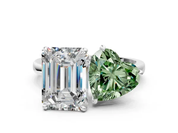 Fancy Green Heart Cut and Emerald Cut Toi Moi Ring with Prong Setting White gold
