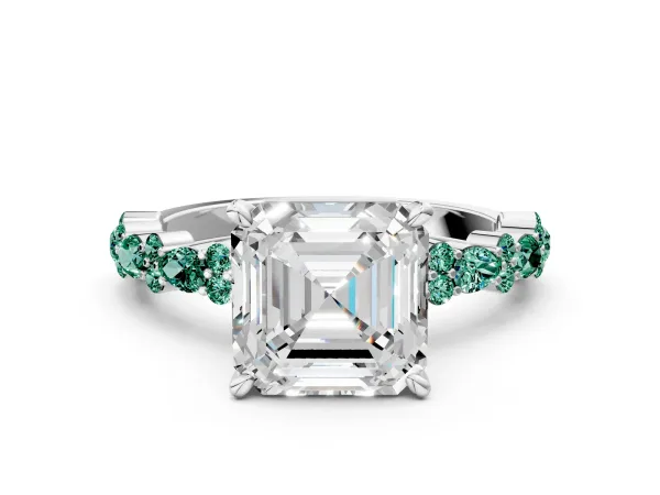 Asscher Cut Diamond Side Stone Solitaire Ring with Round Green Sapphire and Four-Prong Setting Platinum