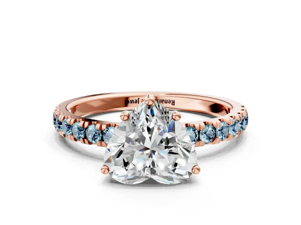 Heart Cut Diamond Pave Band Solitaire Ring with Round Aquamarine and Prong Setting Rose gold