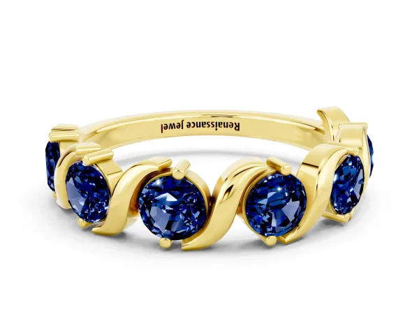 Six-Stone Round Blue Sapphire Wave Band with Shared Prong Setting Yellow gold