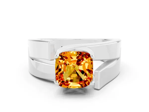 Modern Tension Set Cushion Cut Citrine Solitaire Wide Band Ring Platinum