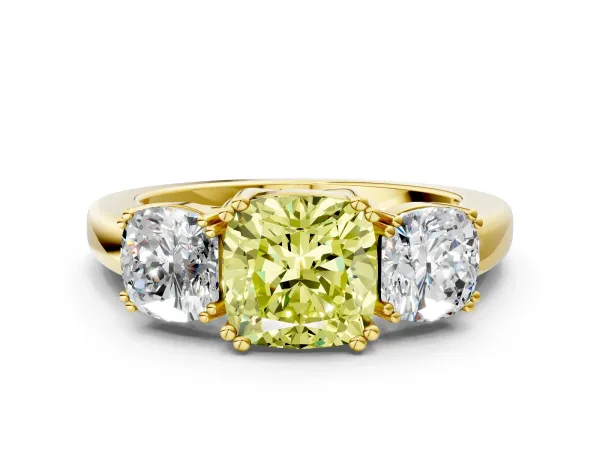 Fancy Yellow Three-Stone Cushion Cut Cut Diamond Ring with Channel Set Band and Four-Prong Setting Yellow gold