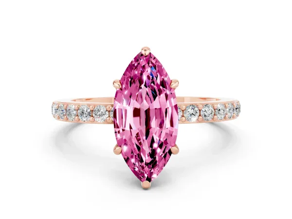 Marquise Cut Pink Sapphire Solitaire Engagement Ring with Pavé Band and Four-Prong Setting Rose gold