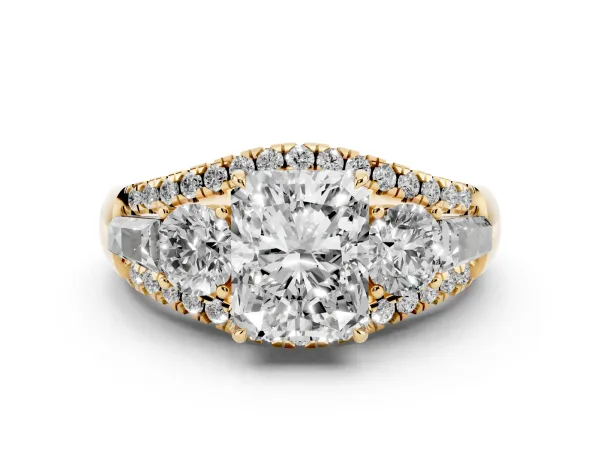 Three-Stone Radiant Cut Diamond Engagement Ring with Pave Band and Prong Setting Yellow gold