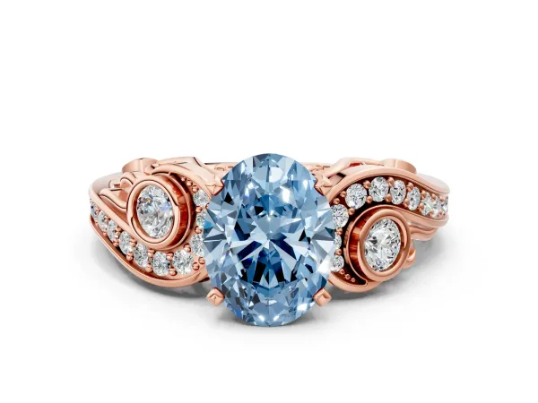 Fancy Blue Oval Cut Diamond Solitaire Ring with Milgrain Pavé Band and Four-Prong Setting Rose gold