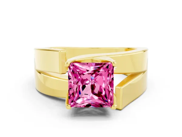 Modern Tension Set Princess Cut Pink Sapphire Solitaire Wide Band Ring Yellow gold