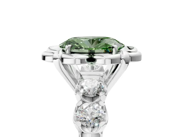 Fancy Green Oval Cut Cut Diamond Floral Halo Engagement Ring with Shared Prong Setting Silver