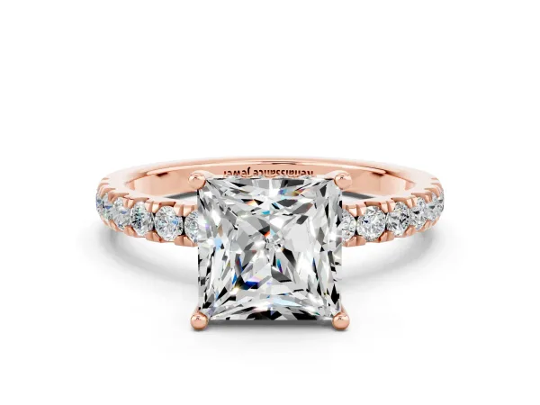 Princess Cut Moissanite Pave Band Solitaire Ring with Round and Prong Setting Rose gold