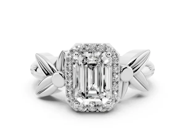 Emerald Cut Halo Diamond Floral Band with Four-Prong Setting Platinum
