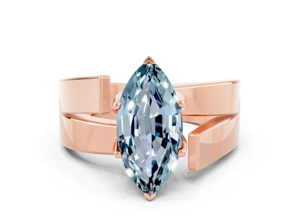 Modern Tension Set Marquise Cut Aquamarine Solitaire Wide Band Ring Rose gold