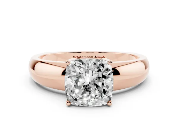 Cushion Cut Cut Diamond Solitaire Engagement Ring with Four-Prong Setting and Plain Band Rose gold