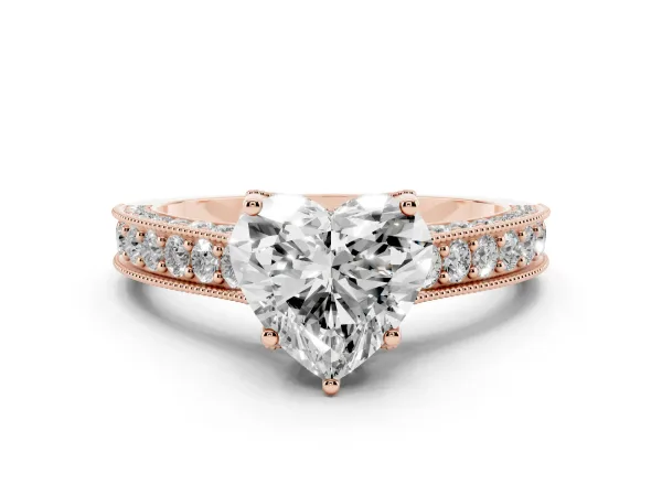 Heart Cut Cut Diamond Solitaire Ring with Milgrain Pave Band and Four Prong Setting Rose gold
