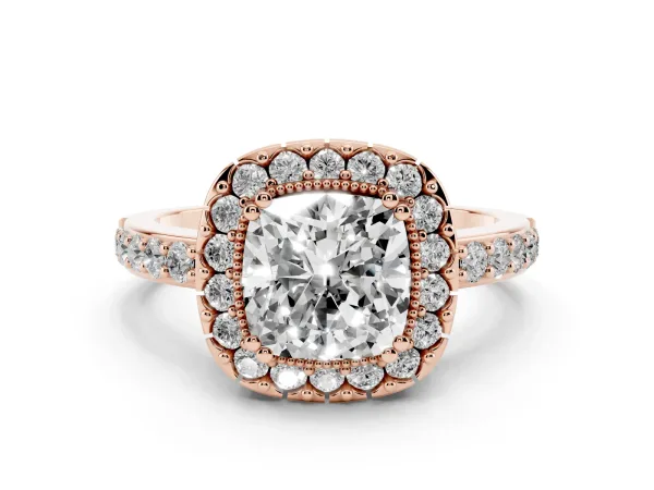 Cushion Cut Diamond Halo Ring with Pavé Band and Prong Setting Rose gold