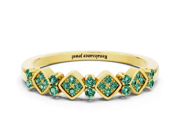 Pavé Cushion Green Sapphire Cluster Eternity Band with Prong Setting Yellow gold