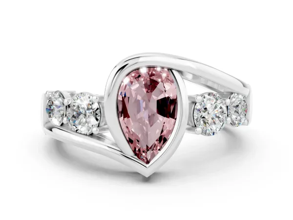 Bezel Set Pear Cut Morganite Bypass Ring with Round Accents Platinum