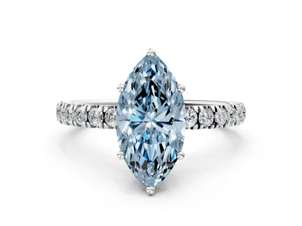 Fancy Blue Marquise Cut Diamond Pave Band Solitaire Ring with Round and Prong Setting White gold