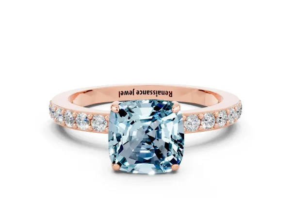 Cushion Cut Aquamarine Solitaire Engagement Ring with Pavé Band and Four-Prong Setting Rose gold