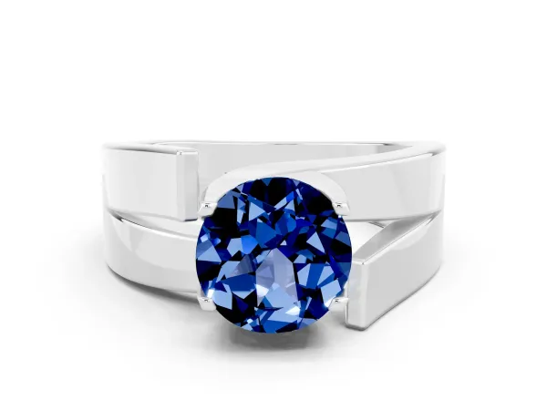 Modern Tension Set Round Cut Blue Sapphire Solitaire Wide Band Ring Platinum