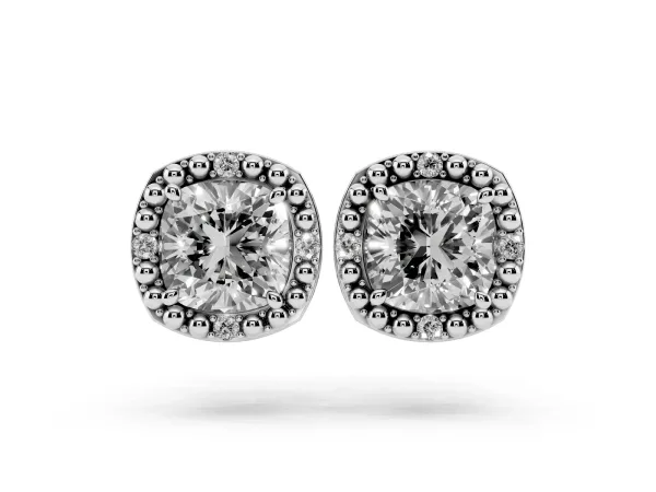 Cushion Diamond Beaded Halo Stud Earrings Platinum
