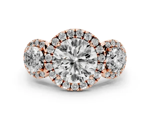 Round Cut Diamond Three-Stone Halo Ring with Prong Setting and Pavé Band Rose gold