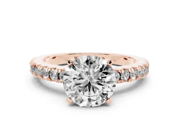 Round Cut Solitaire Diamond with Pavé Band and Four-Prong Setting Rose gold