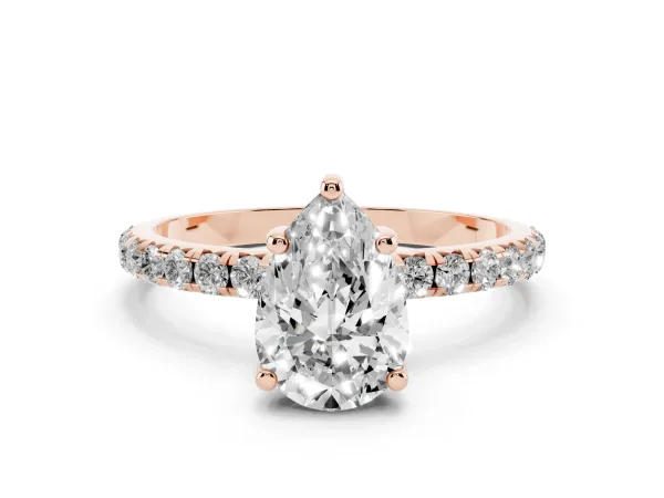 Pear Cut Cut Diamond Solitaire Ring with Micro Pave Band and Four Prong Setting Rose gold