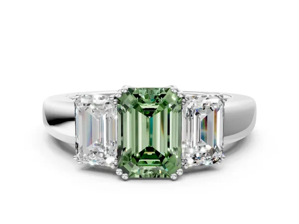 Fancy Green Three-Stone Emerald Cut Cut Diamond Ring with Channel Set Band and Four-Prong Setting Platinum