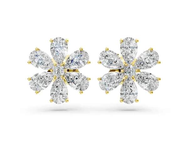 Pear Cut Diamond Floral Cluster Stud Earrings Yellow gold