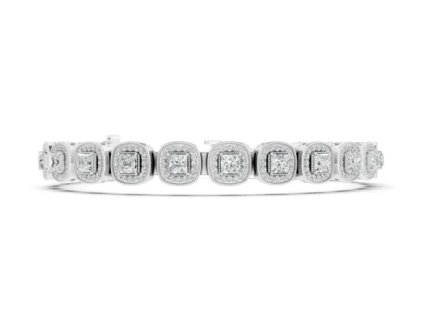 Cushion Halo Diamond Tennis Bracelet with Channel Band and Bezel Setting White gold
