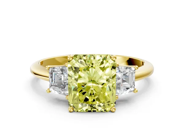 Fancy Yellow Radiant Cut Diamond Three-Stone Ring with Trapezoid Side Stones and Prong Setting Yellow gold