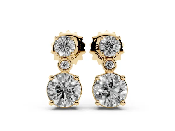 Round Diamond Two Stone Drop Earrings with Bezel Diamond Accent Yellow gold