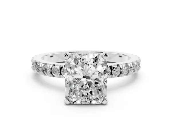 Radiant Cut Diamond Pavé Band Solitaire with Four-Prong Setting Platinum