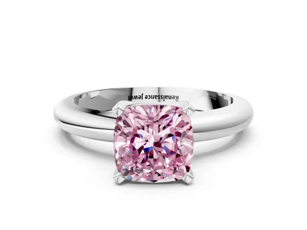Fancy Pink Cushion Cut Diamond Solitaire Engagement Ring with Round Band and Four-Prong Setting Silver