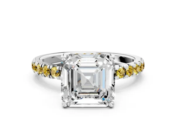 Asscher Cut Diamond Pave Band Solitaire Ring with Round Yellow Sapphire and Prong Setting Platinum