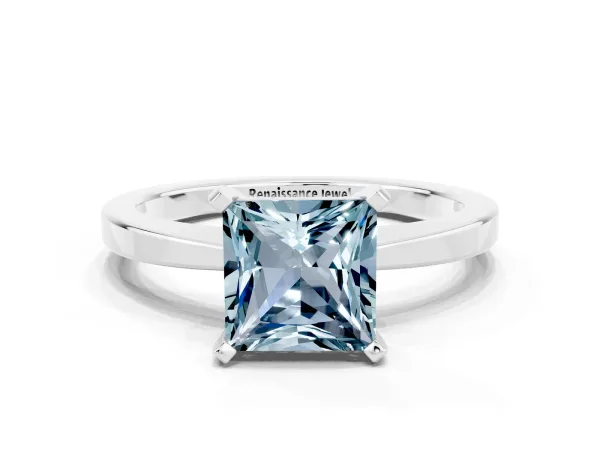 Princess Cut Aquamarine Solitaire Engagement Ring with Classic Band and Four-Prong Setting Silver