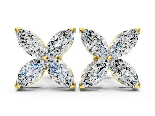 Marquise Cut Diamond Flower Stud Earrings Yellow gold