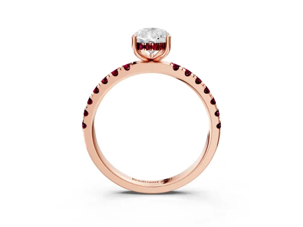 Pear Cut Diamond Pave Band Solitaire Ring with Round Garnet and Prong Setting Rose gold
