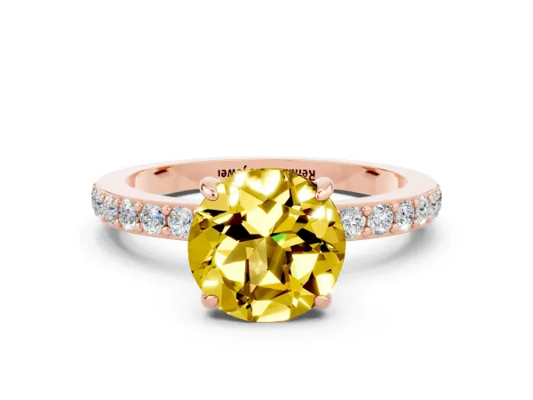 Round Cut Yellow Sapphire Solitaire Engagement Ring with Pavé Band and Four-Prong Setting Rose gold
