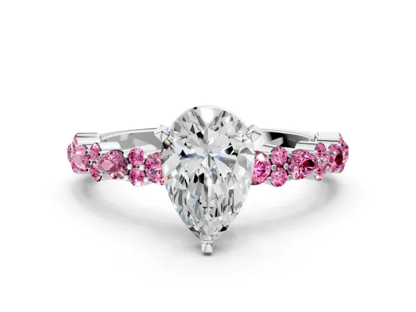 Pear Cut Diamond Side Stone Solitaire Ring with Round Pink Sapphire and Four-Prong Setting White gold