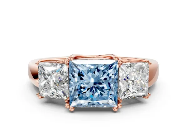 Fancy Blue Three-Stone Princess Cut Cut Diamond Ring with Channel Set Band and Four-Prong Setting Rose gold
