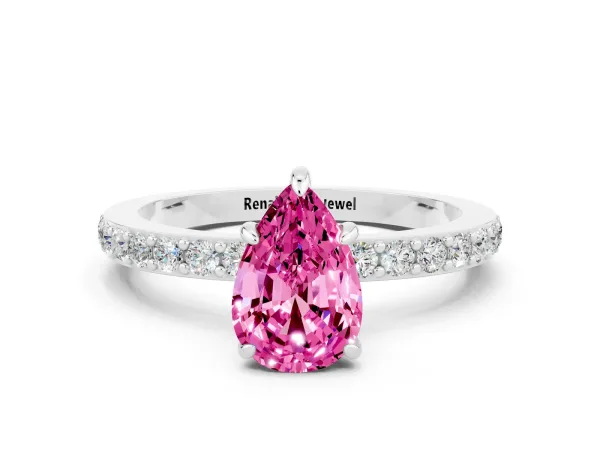 Pear Cut Pink Sapphire Solitaire Engagement Ring with Pavé Band and Four-Prong Setting Platinum
