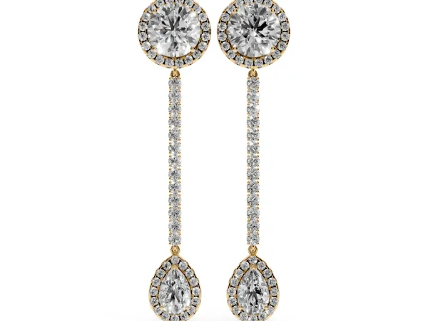 Round and Pear Diamond Halo Drop Earrings Yellow gold