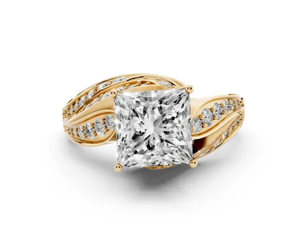 Princess Cut Diamond Solitaire Ring with Prong Setting and Twisted Pavé Band Yellow gold