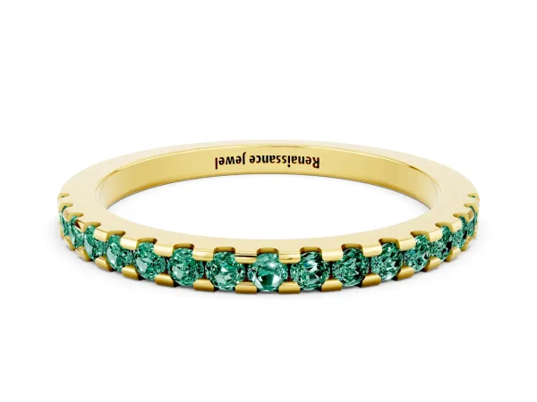 Round Green Sapphire Pavé Set Eternity Band with Micro Prong Setting Yellow gold